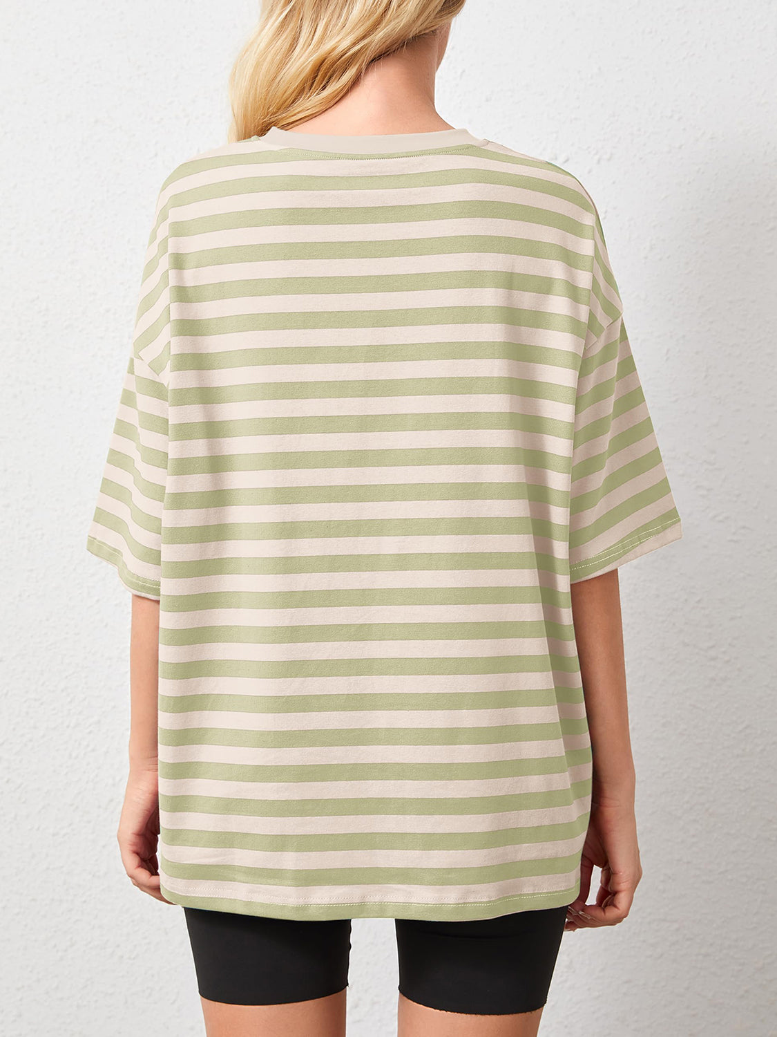 Oversized striped tee in Sage with dropped sleeves and crew neck.