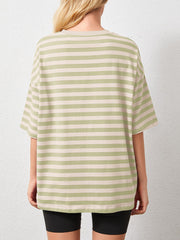 Oversized striped tee in Sage with dropped sleeves and crew neck.