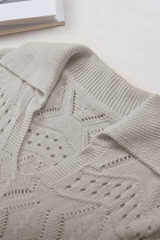 Gray openwork collar knit sweater with intricate stitch patterns and a relaxed fit.