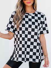 Western Checkerboard Print Side Split T-shirt in Black, close-up detail