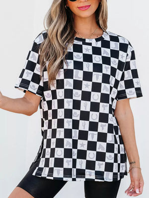 Western Checkerboard Print Side Split T-shirt in Black, close-up detail