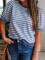 Chic blue and white striped t-shirt with bubble sleeves and crew neck.