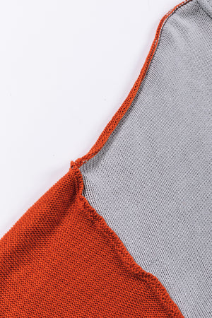Chic Contrast Cozy Sweater in orange and grey knit fabric with contrast trim detail.
