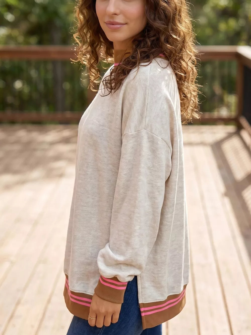 Ribbed Stand Neck Loose Fit Sweatshirt in Light Gray, model styling view
