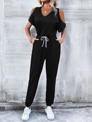 Black cold-shoulder jumpsuit with drawstring waist and v-neck