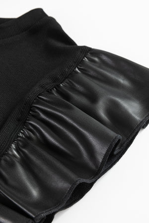 Black ribbed top with faux leather ruffled sleeves detail