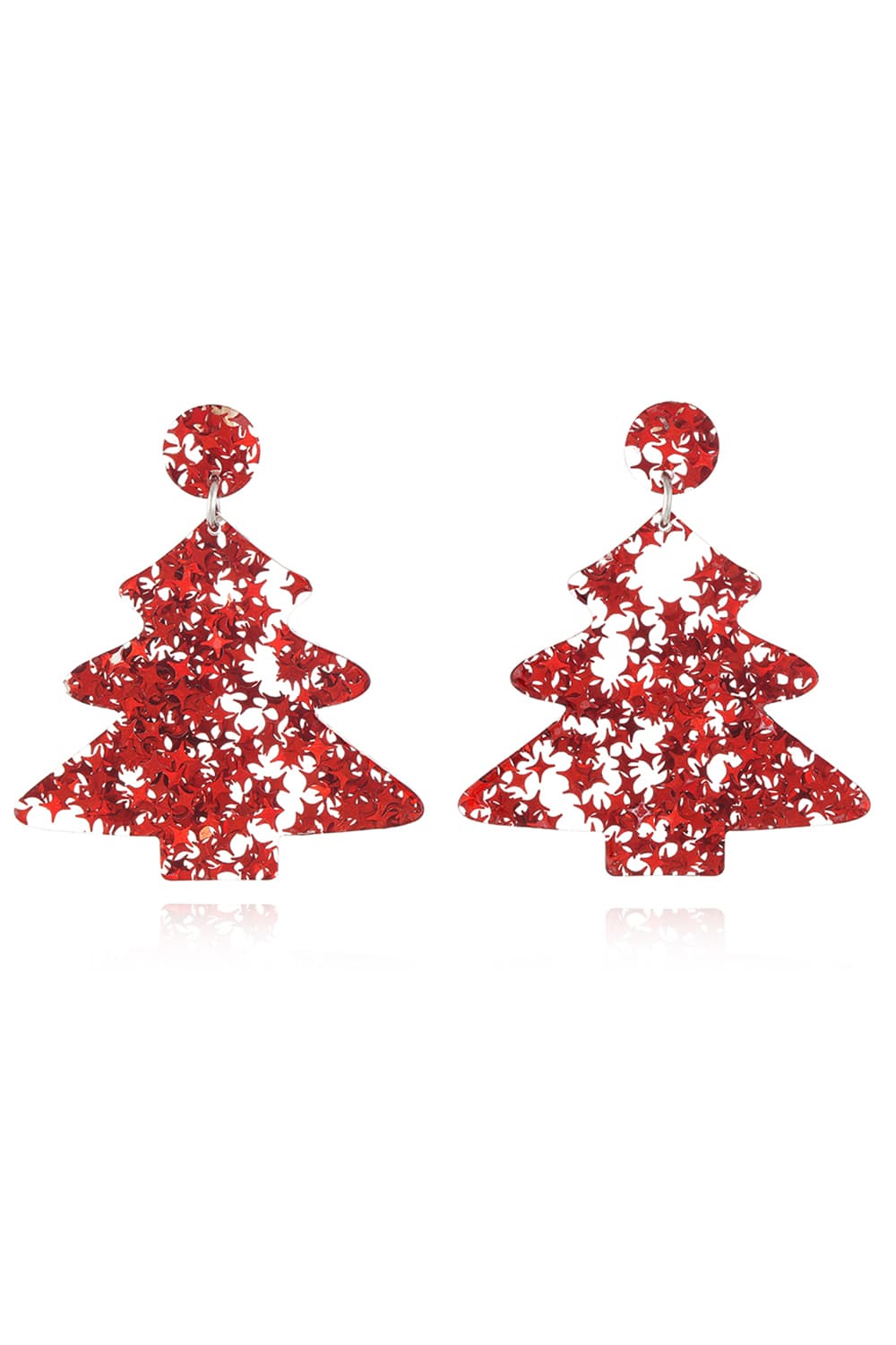 Red acrylic star-studded Christmas tree drop earrings