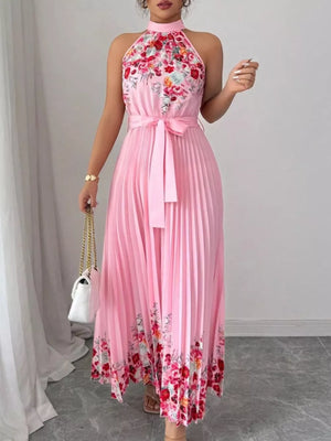 Halter Neck Floral Print Pleated Maxi Dress, model styling view