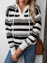 Textured stripe knit hoodie with V-neck and drawstring, black and white.