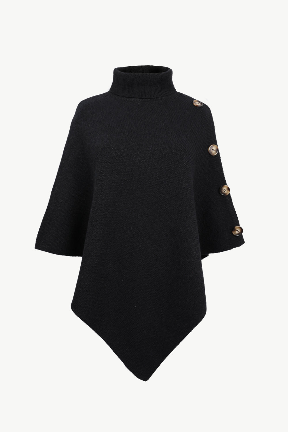 Black acrylic turtleneck knit poncho with button detail on sleeve