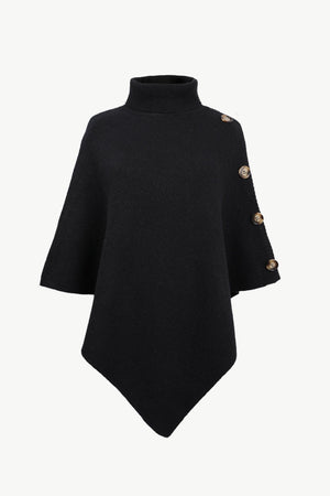 Black acrylic turtleneck knit poncho with button detail on sleeve