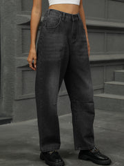 Relaxed fit dark wash denim trousers with patchwork detail and wide leg.