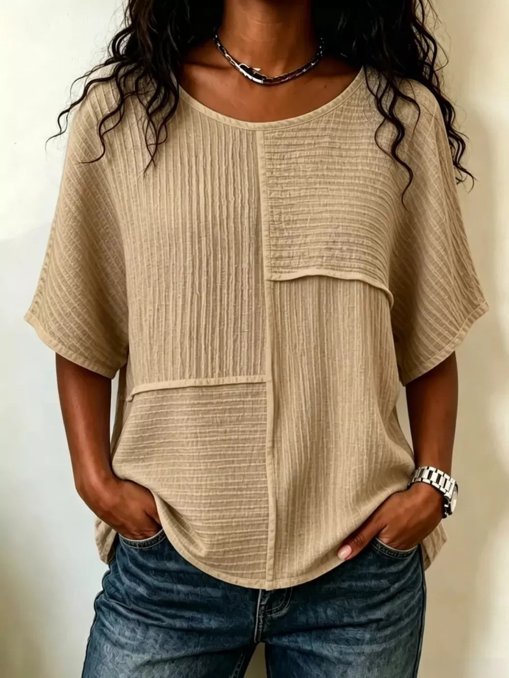 Full Size Texture Round Neck Half Sleeve Blouse, close-up detail