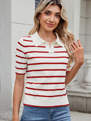 Nautical stripe knit polo top in cream and deep red with short sleeves and a collar.