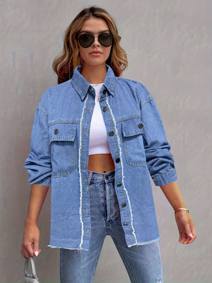 Light wash denim overshirt with frayed edges, button front and chest pockets.