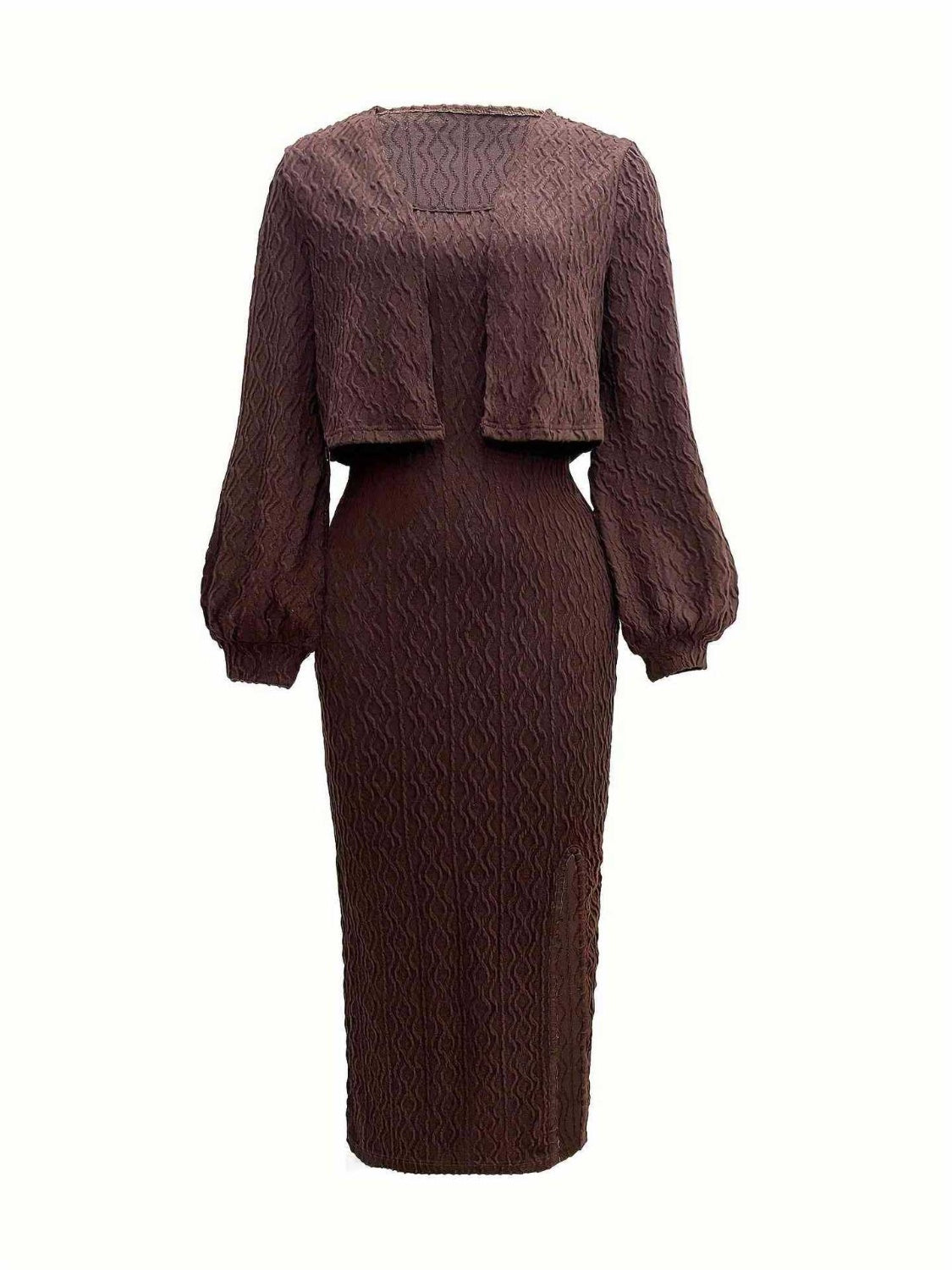 Brown textured midi dress and cropped cardigan set with balloon sleeves