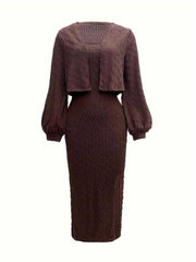 Brown textured midi dress and cropped cardigan set with balloon sleeves