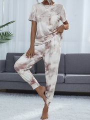 Cloudwash Lounge Set with tie-dye pattern in beige and brown, featuring a crew neck tee and jogger pants.