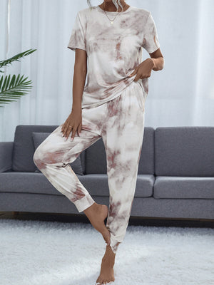 Cloudwash Lounge Set with tie-dye pattern in beige and brown, featuring a crew neck tee and jogger pants.