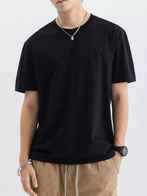Men's black crew neck t-shirt, short sleeves, cotton, basic style.