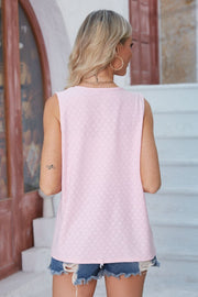 Blush pink eyelet vest with pockets, sleeveless, round neck, breezy casual style