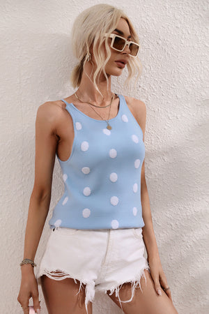 Pastel blue polka dot knit tank top with a keyhole neckline.