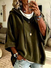 Velvet Loose Fit Hoodie With Drawstring in Khaki, fabric detail