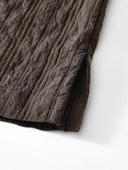 Textured chocolate men's short sleeve blouse with side slit detail