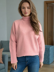 Dusty pink ribbed turtleneck sweater with subtle sparkle detail and ribbed cuffs.