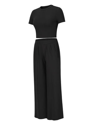 Black pleated waist crop top and wide leg pants set