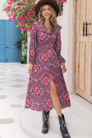Bohemian purple floral print maxi dress with ruffle collar and high slit