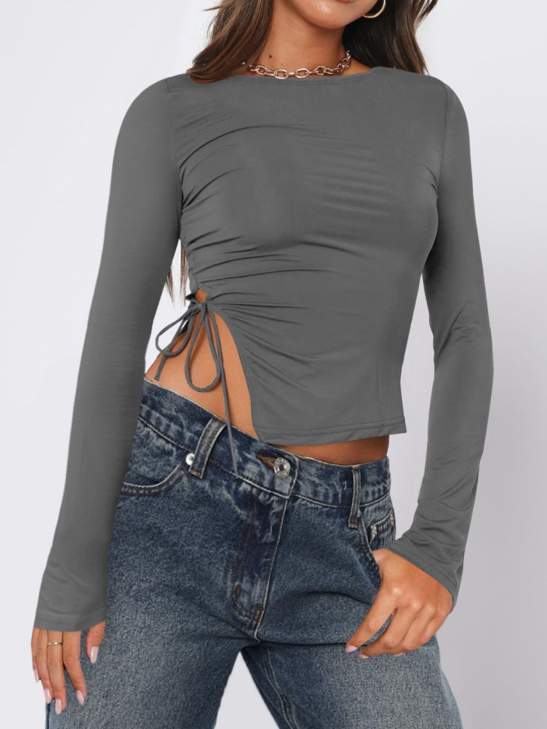 Dark Gray long sleeve ruched top with adjustable side ties