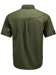 Men's moss green cotton short sleeve shirt with back pleat and loop detail.