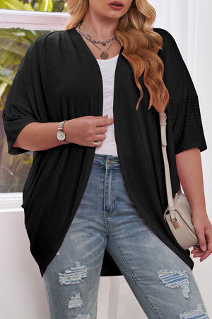 Black ribbed batwing cardigan with drape front and short sleeves.