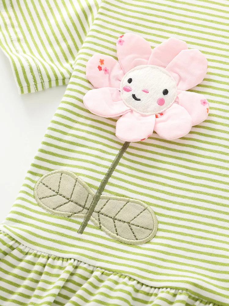 Green and white striped cotton baby outfit with a pink flower applique and leaf detail.