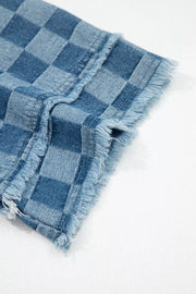 Blue checkered denim mini dress with frayed hem detail