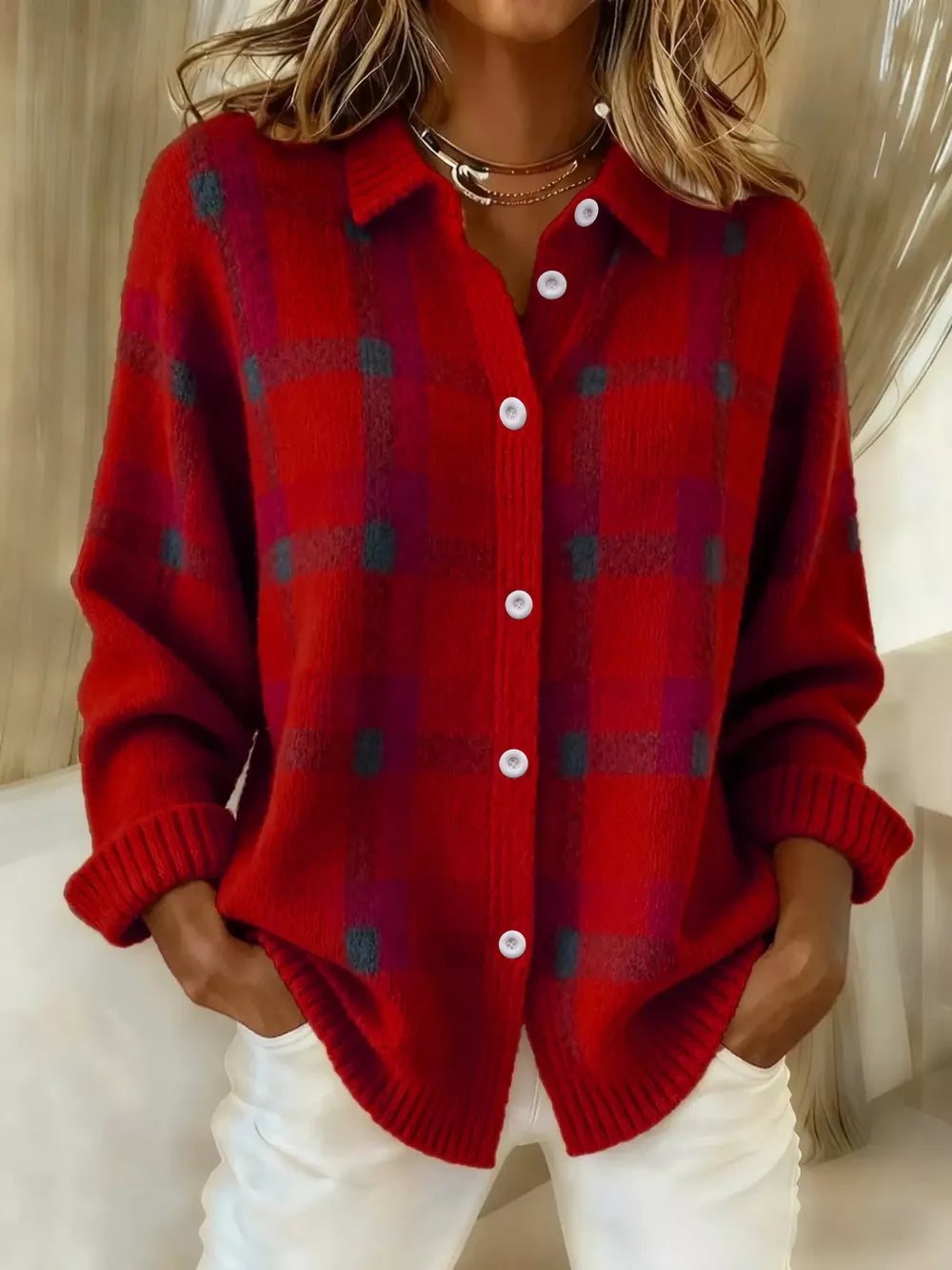 Plaid Button-up Cardigan, fabric detail