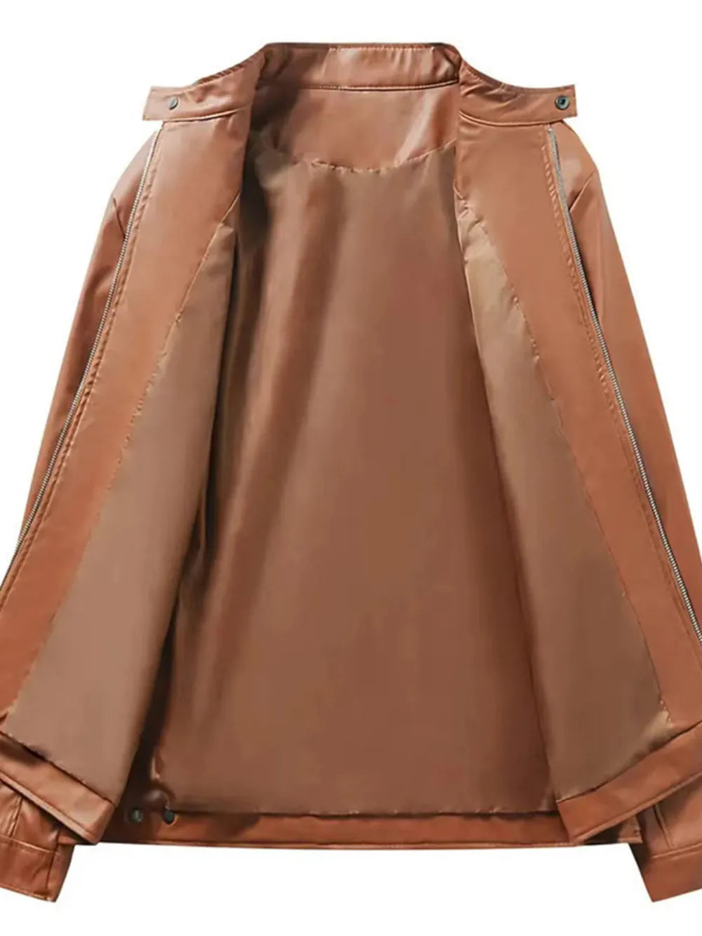 Brown PU zip-up jacket with stand-up collar and satin lining