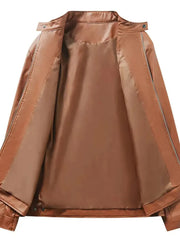 Brown PU zip-up jacket with stand-up collar and satin lining