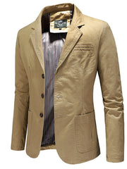 Casual slim fit cotton blazer in khaki with striped lining and button front.