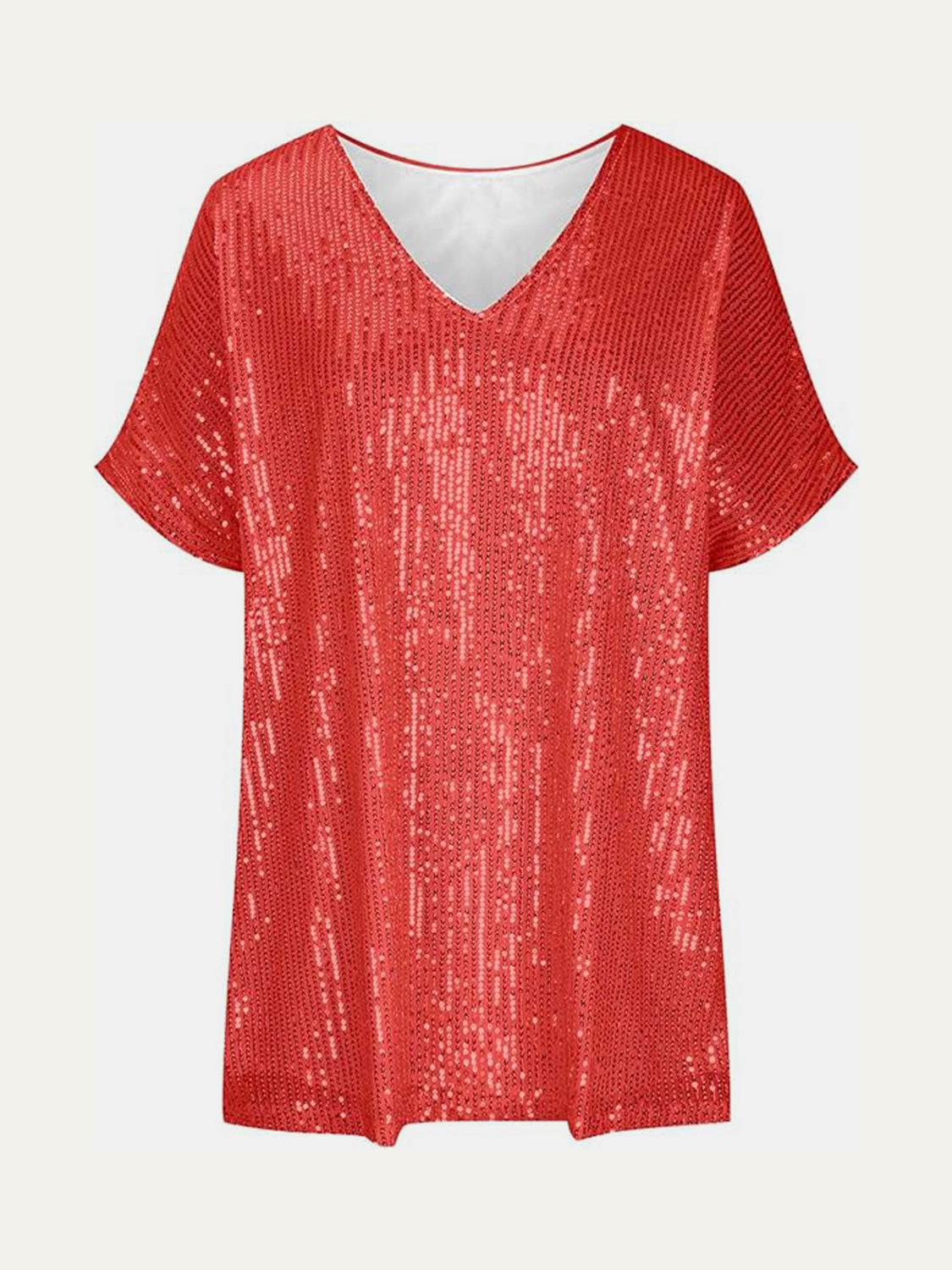 Red sequin slouchy V-neck top with short sleeves