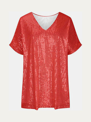 Red sequin slouchy V-neck top with short sleeves
