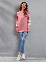 Varsity Stripe Raglan Sweatshirt Dress in burnt coral with white sleeve stripes, 100% polyester.