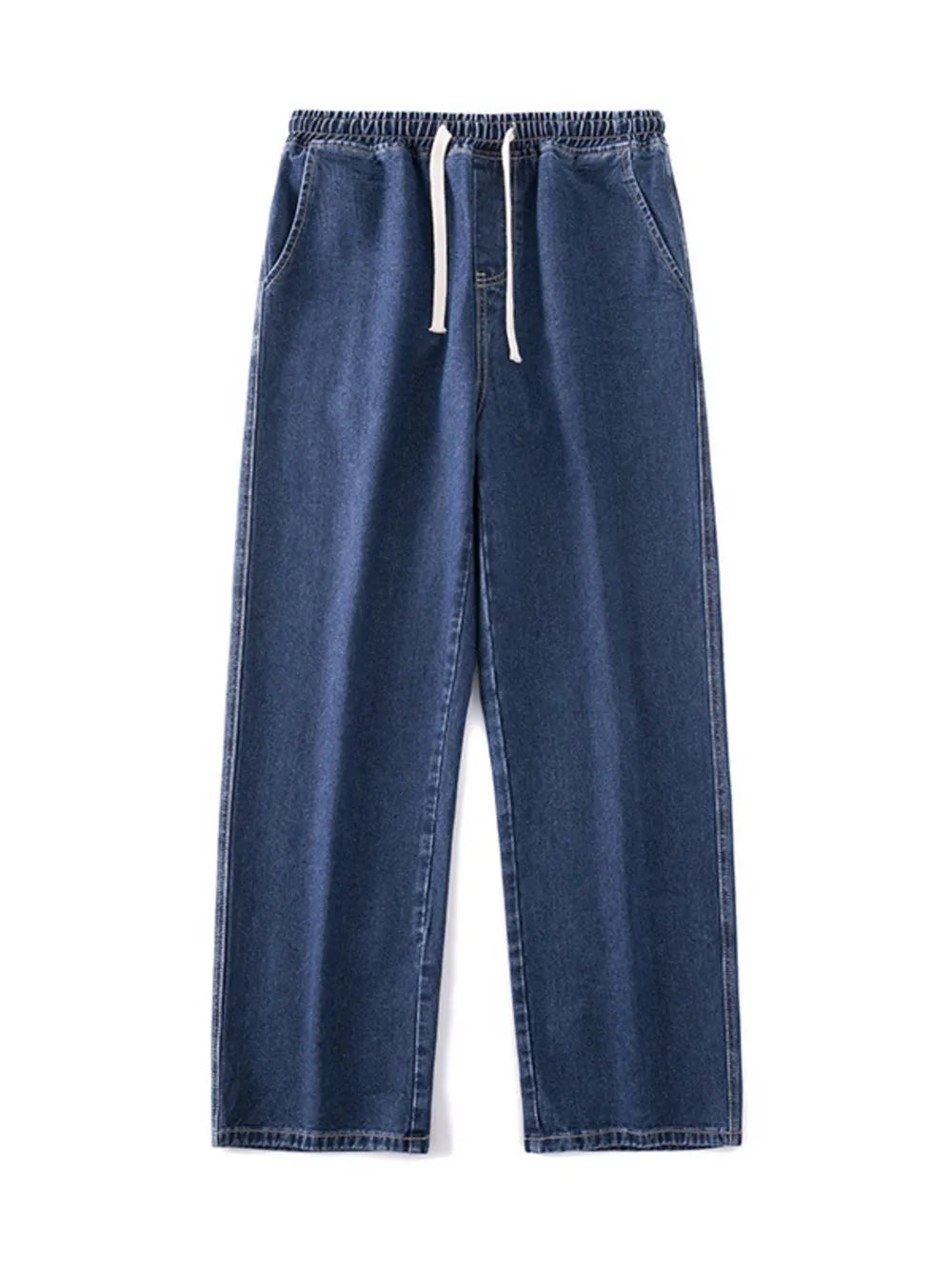 Relaxed wide-leg jeans in dark blue denim with a drawstring waist.