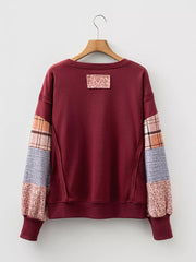 Plaid Colorblock Patchwork Sleeve Sweatshirt in Burgundy, fit detail