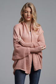 Pale Blush Cocoon Knit Sleeve Cardigan with textured sleeves and ribbed cuffs.