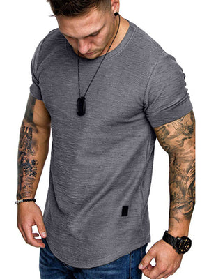 Grey slim fit round neck t-shirt with textured fabric and curved hem