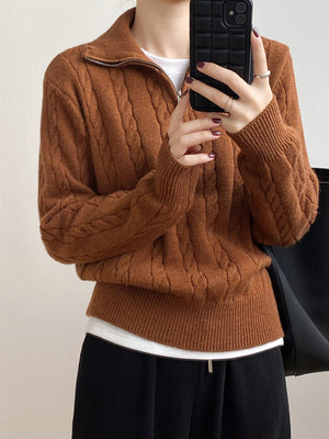 Cable knit quarter-zip pullover sweater in Caramel with a mock neck and silver zipper.