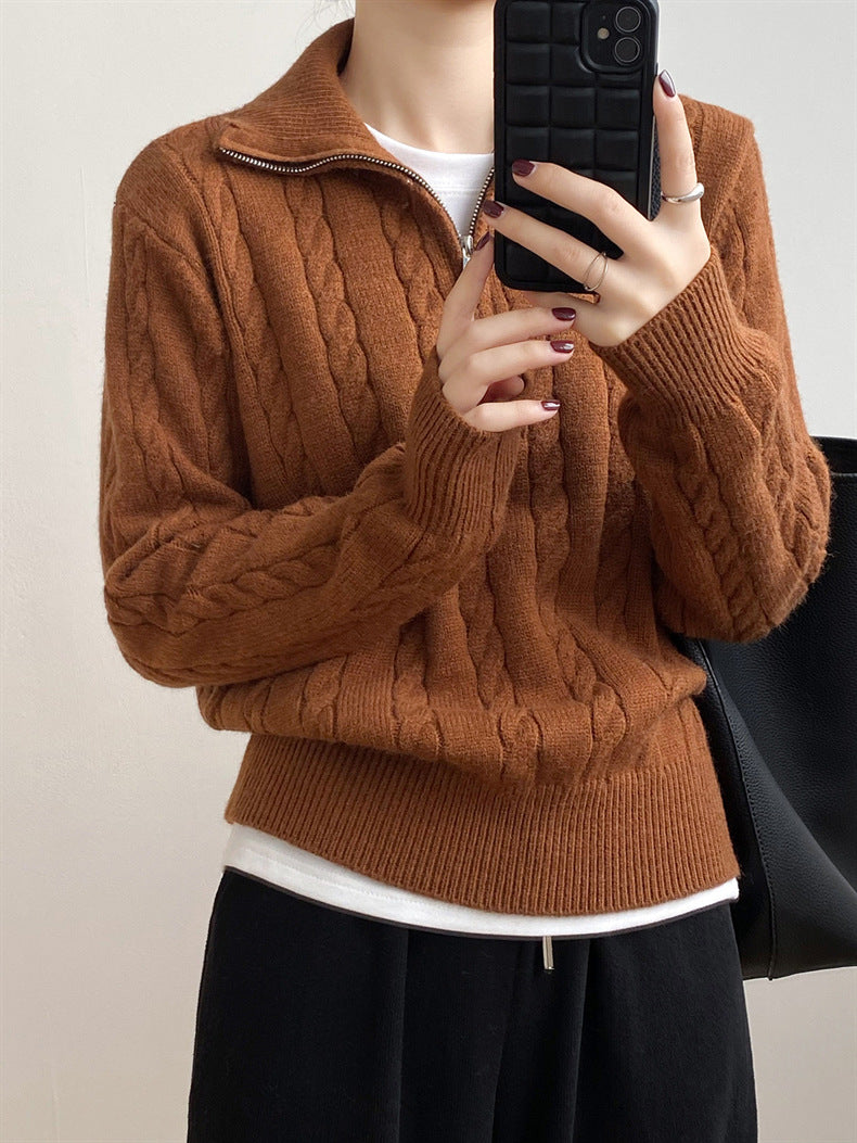 Cable knit quarter-zip pullover sweater in Caramel with a mock neck and silver zipper.