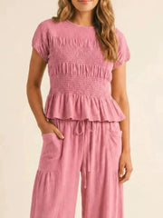 Smocked Peplum Top And Wide-leg Pants Set in Terracotta, side view